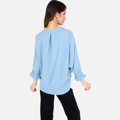 Anna-Kaci Women's V-Neck Blouse with 3/4 Lantern Sleeves and Ruffle Cuffs