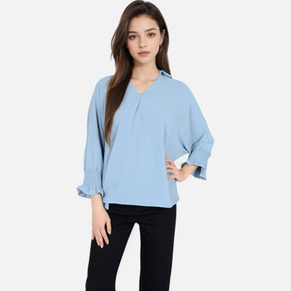 Anna-Kaci Women's V-Neck Blouse with 3/4 Lantern Sleeves and Ruffle Cuffs