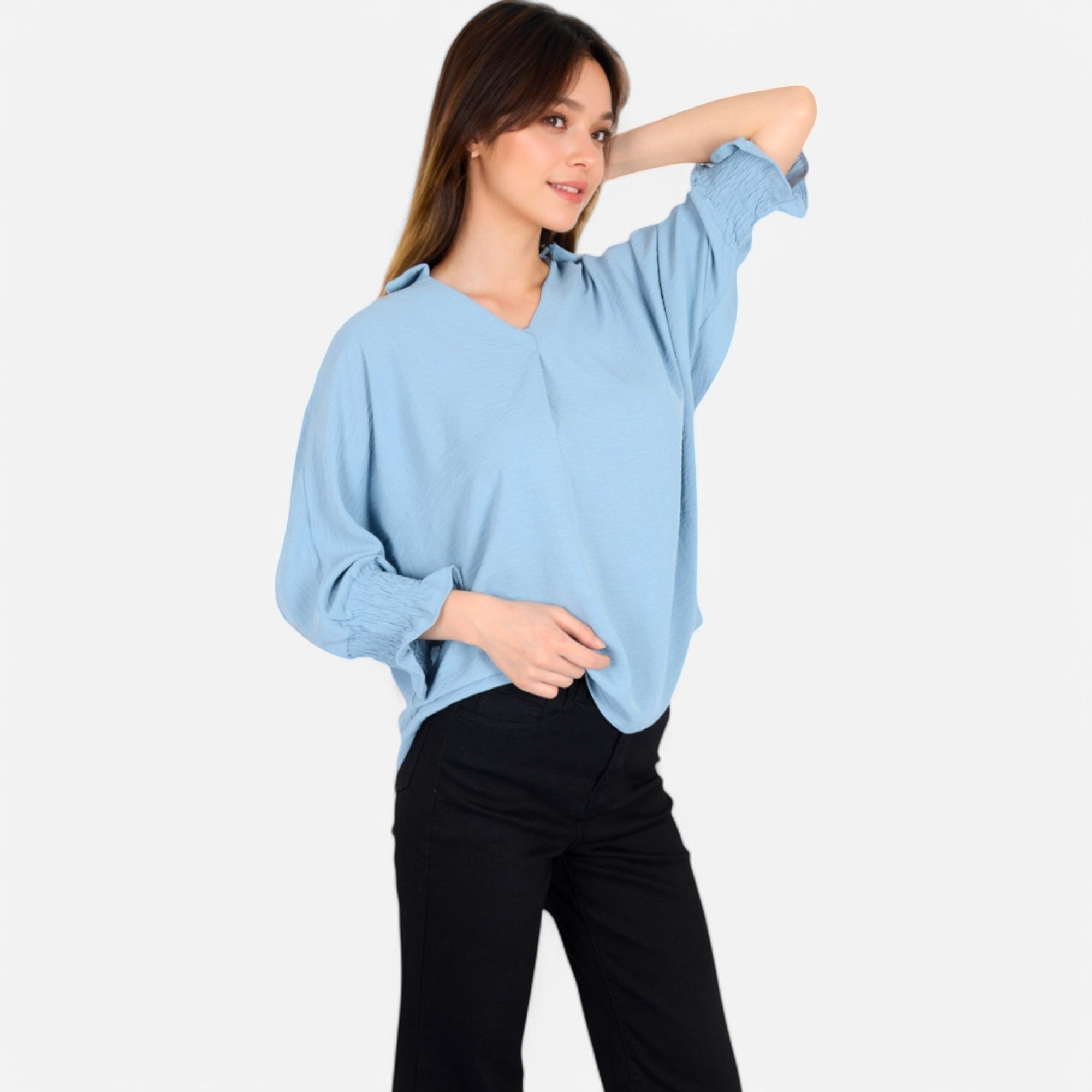 Anna-Kaci Women's V-Neck Blouse with 3/4 Lantern Sleeves and Ruffle Cuffs