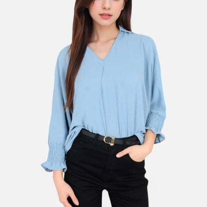 Anna-Kaci Women's V-Neck Blouse with 3/4 Lantern Sleeves and Ruffle Cuffs