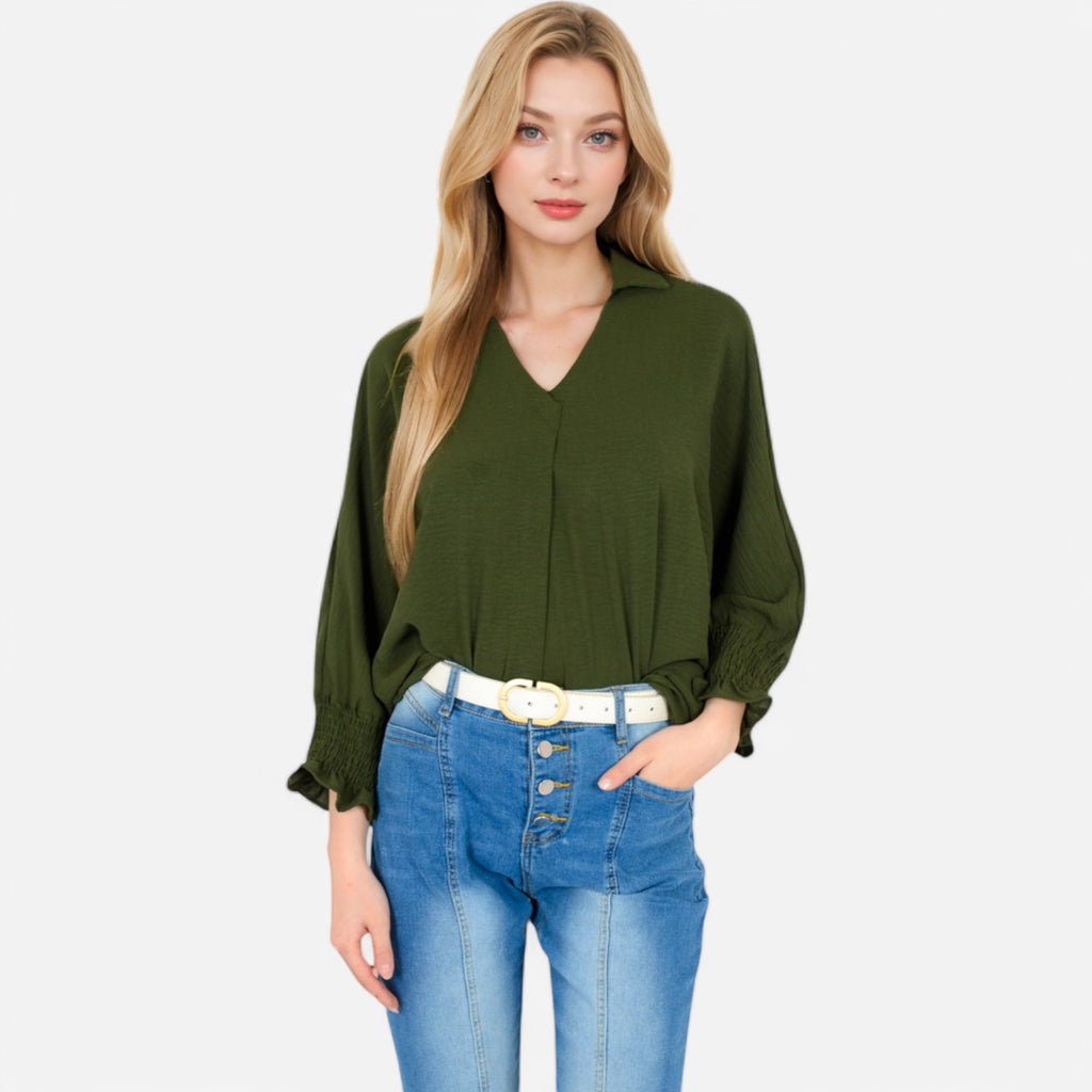 Anna-Kaci Women's V-Neck Blouse with 3/4 Lantern Sleeves and Ruffle Cuffs