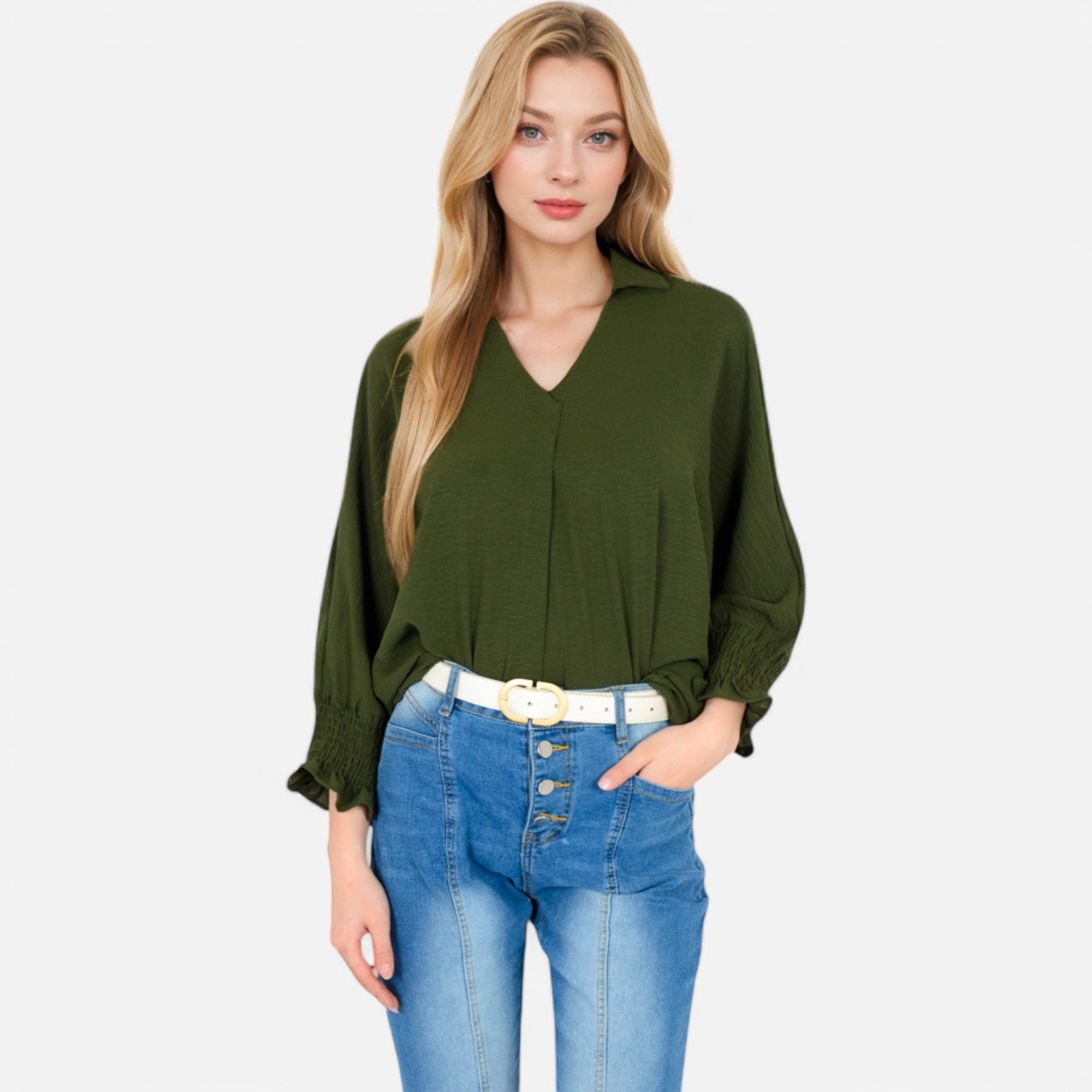 Anna-Kaci Women's V-Neck Blouse with 3/4 Lantern Sleeves and Ruffle Cuffs
