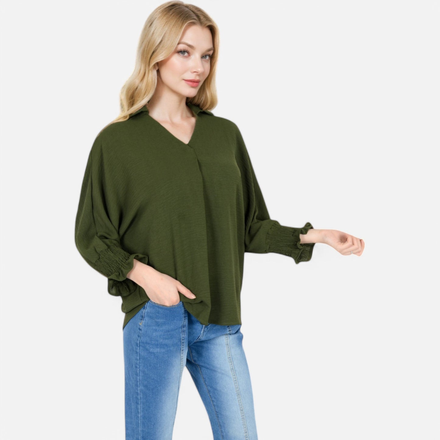 Anna-Kaci Women's V-Neck Blouse with 3/4 Lantern Sleeves and Ruffle Cuffs