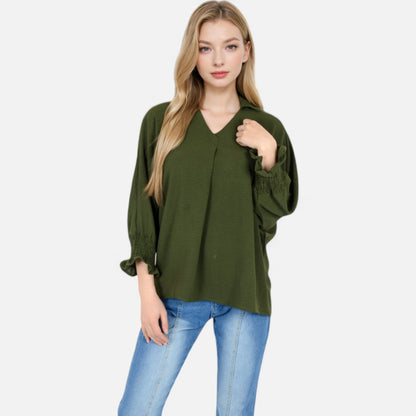 Anna-Kaci Women's V-Neck Blouse with 3/4 Lantern Sleeves and Ruffle Cuffs