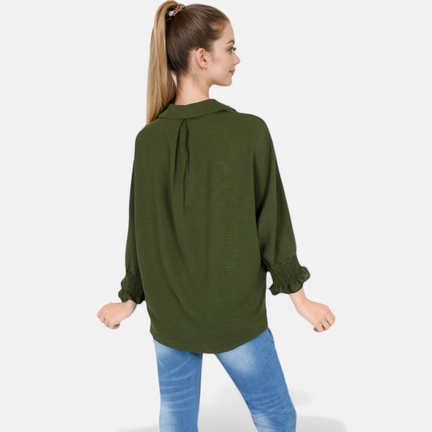 Anna-Kaci Women's V-Neck Blouse with 3/4 Lantern Sleeves and Ruffle Cuffs