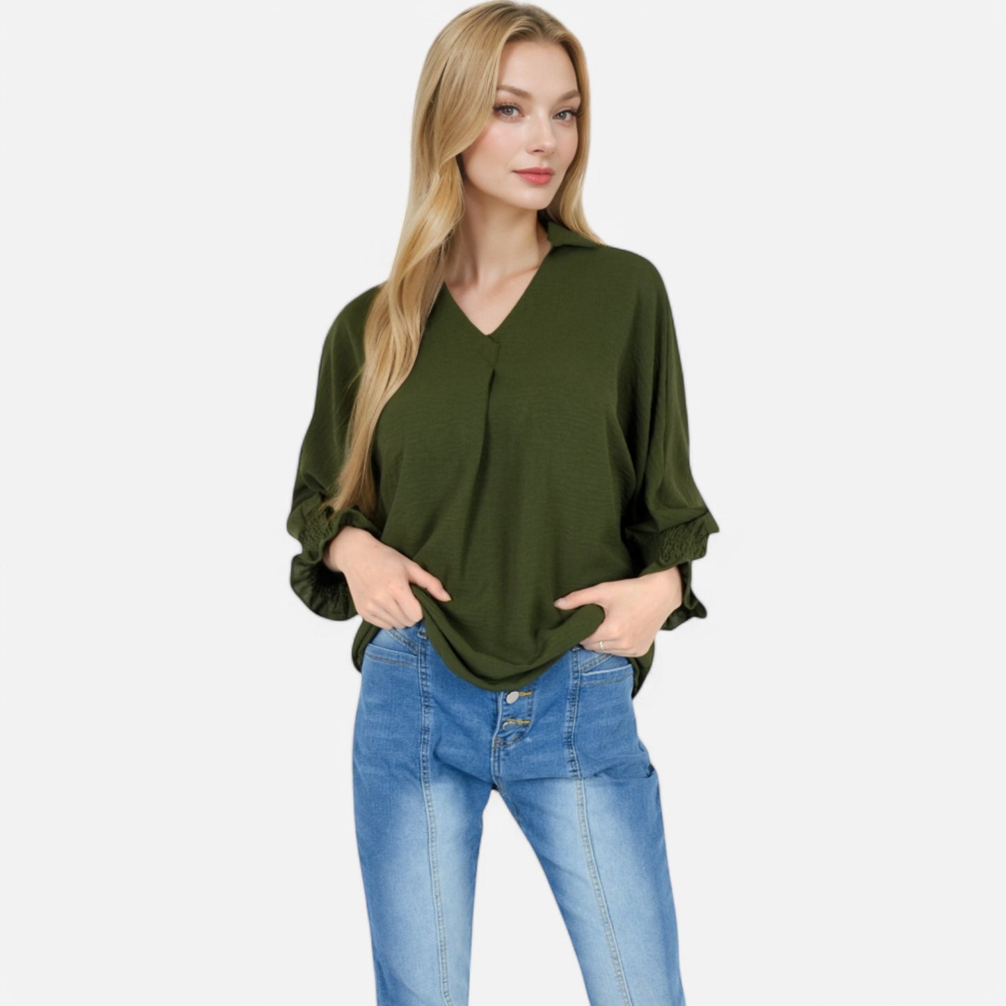 Anna-Kaci Women's V-Neck Blouse with 3/4 Lantern Sleeves and Ruffle Cuffs