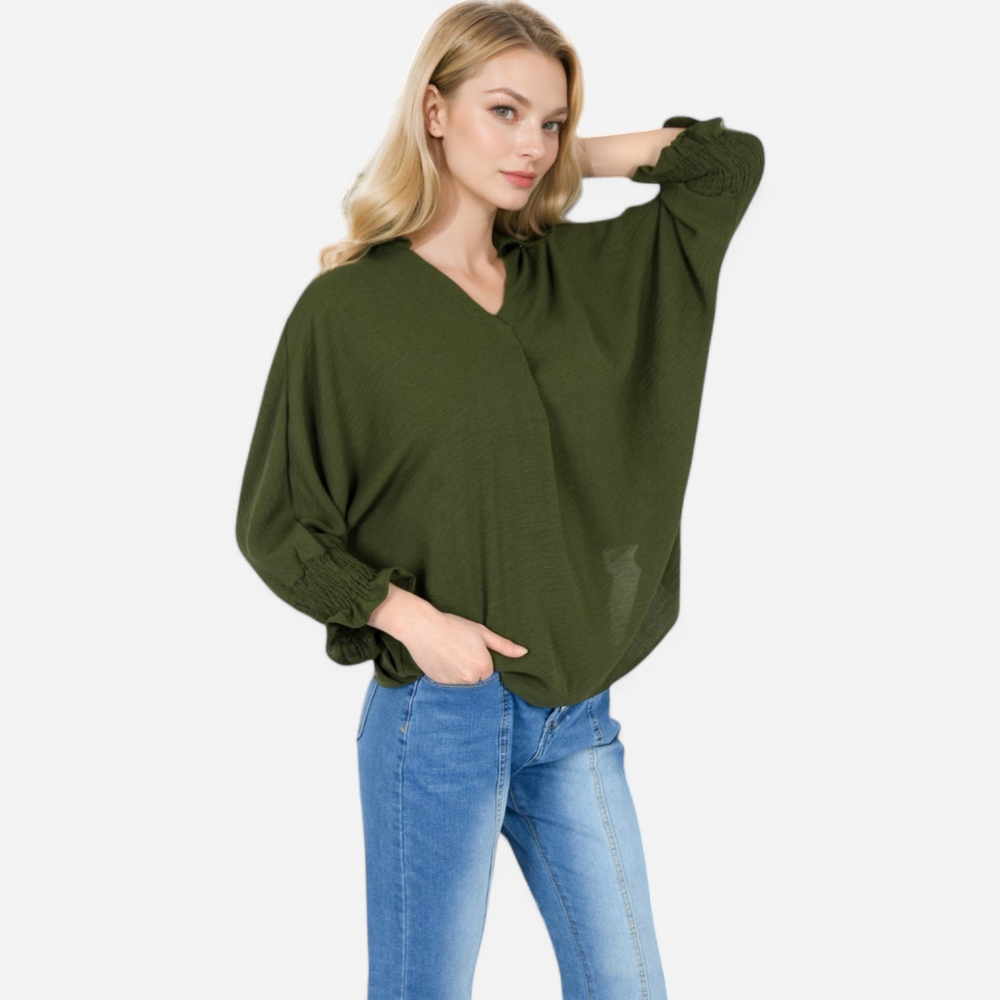 Anna-Kaci Women's V-Neck Blouse with 3/4 Lantern Sleeves and Ruffle Cuffs