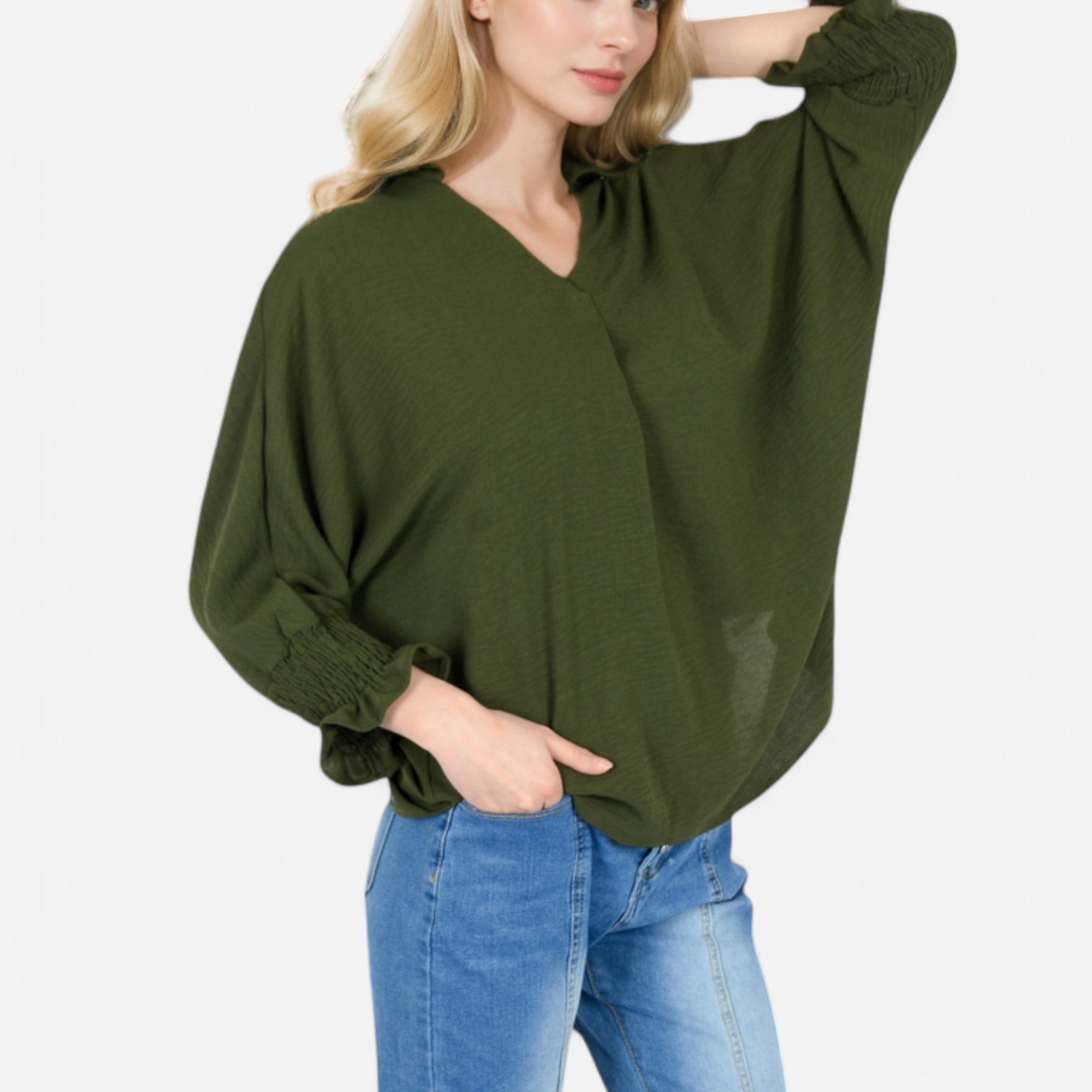 Anna-Kaci Women's V-Neck Blouse with 3/4 Lantern Sleeves and Ruffle Cuffs