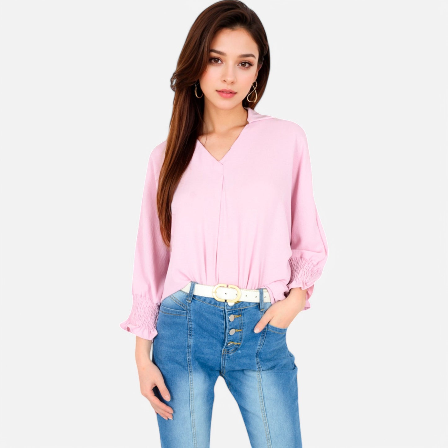 Anna-Kaci Women's V-Neck Blouse with 3/4 Lantern Sleeves and Ruffle Cuffs