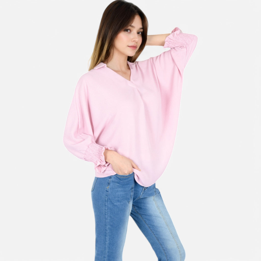 Anna-Kaci Women's V-Neck Blouse with 3/4 Lantern Sleeves and Ruffle Cuffs