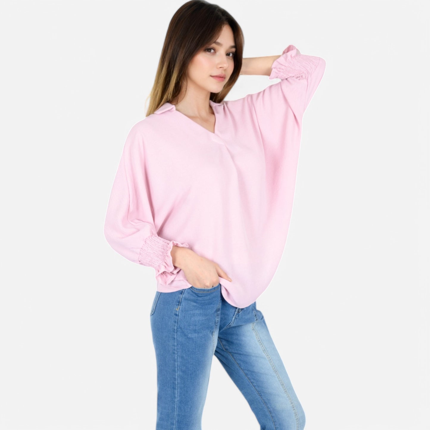 Anna-Kaci Women's V-Neck Blouse with 3/4 Lantern Sleeves and Ruffle Cuffs