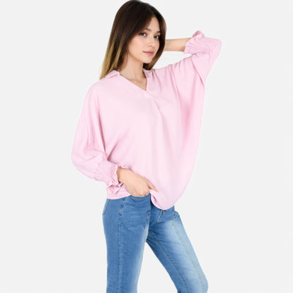 Anna-Kaci Women's V-Neck Blouse with 3/4 Lantern Sleeves and Ruffle Cuffs