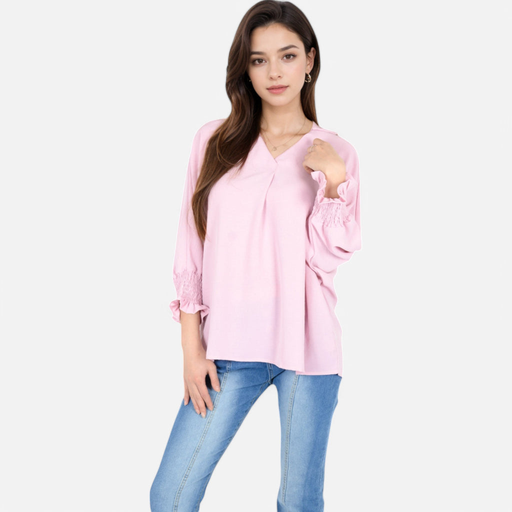 Anna-Kaci Women's V-Neck Blouse with 3/4 Lantern Sleeves and Ruffle Cuffs