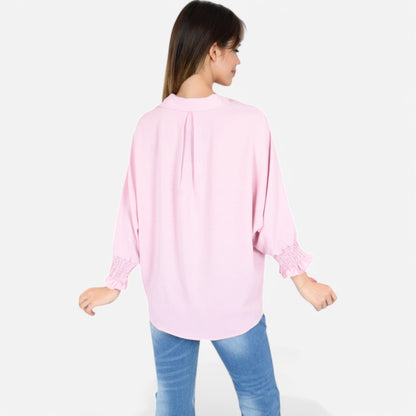 Anna-Kaci Women's V-Neck Blouse with 3/4 Lantern Sleeves and Ruffle Cuffs