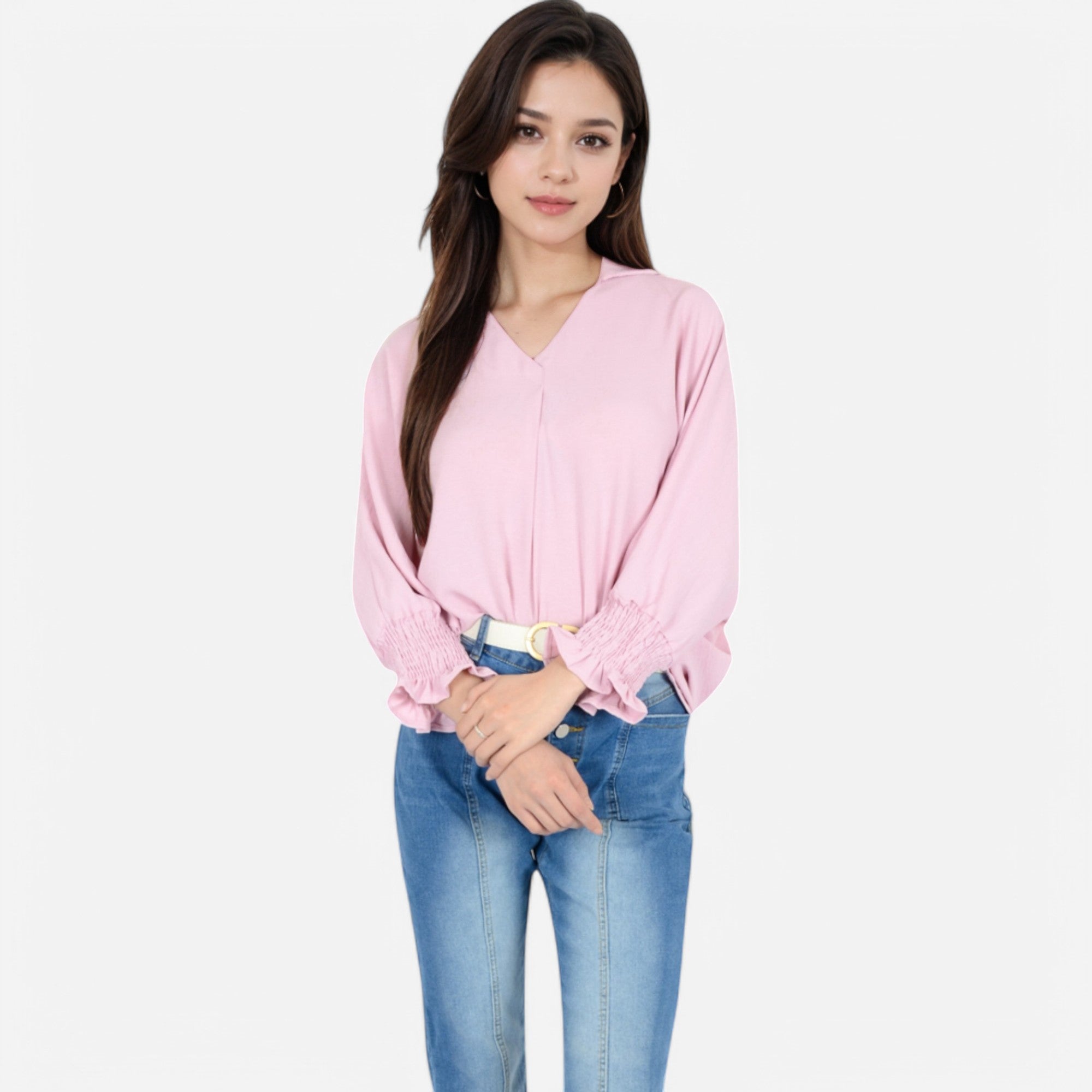 Anna-Kaci Women's V-Neck Blouse with 3/4 Lantern Sleeves and Ruffle Cuffs