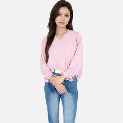 Anna-Kaci Women's V-Neck Blouse with 3/4 Lantern Sleeves and Ruffle Cuffs