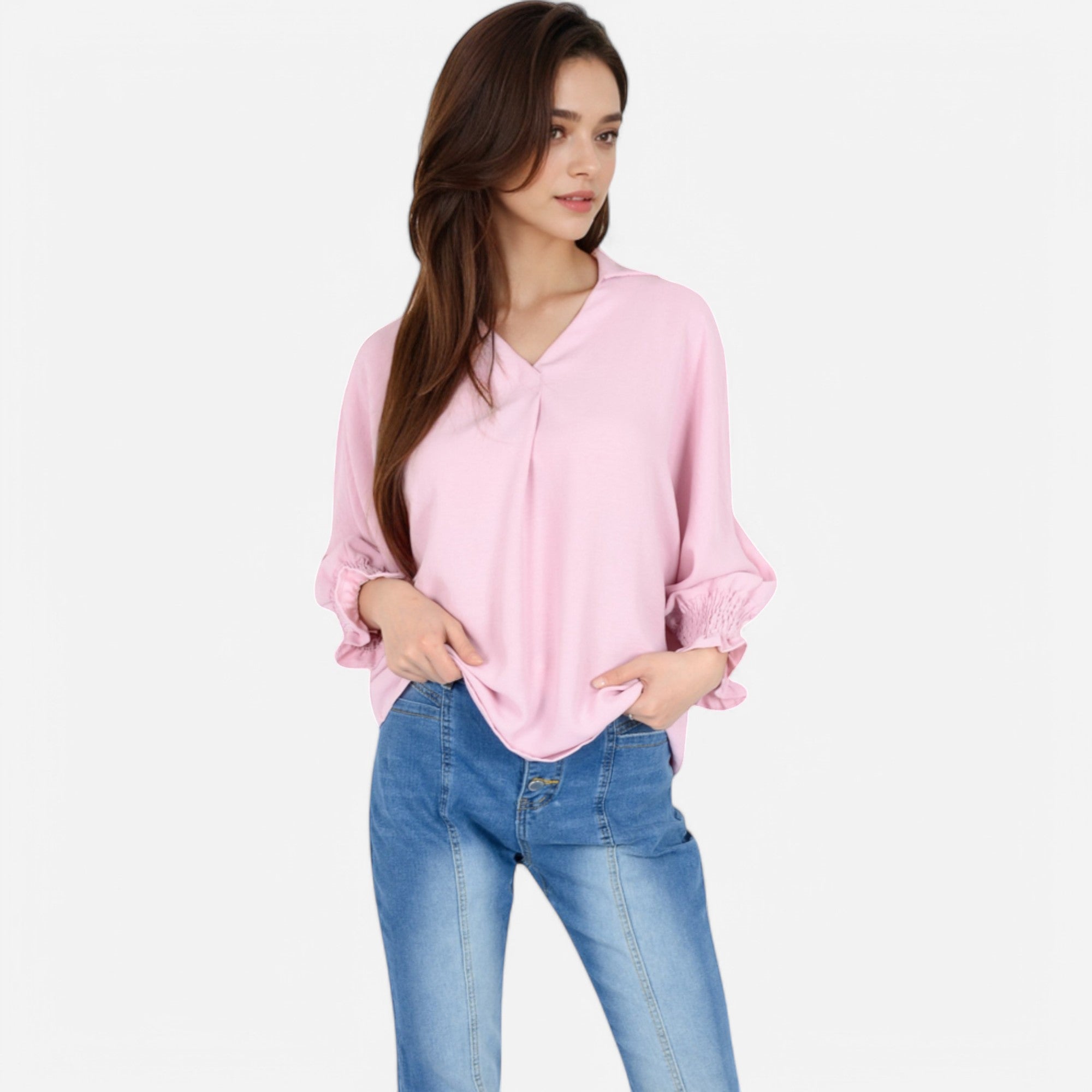 Anna-Kaci Women's V-Neck Blouse with 3/4 Lantern Sleeves and Ruffle Cuffs