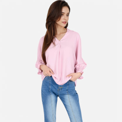 Anna-Kaci Women's V-Neck Blouse with 3/4 Lantern Sleeves and Ruffle Cuffs