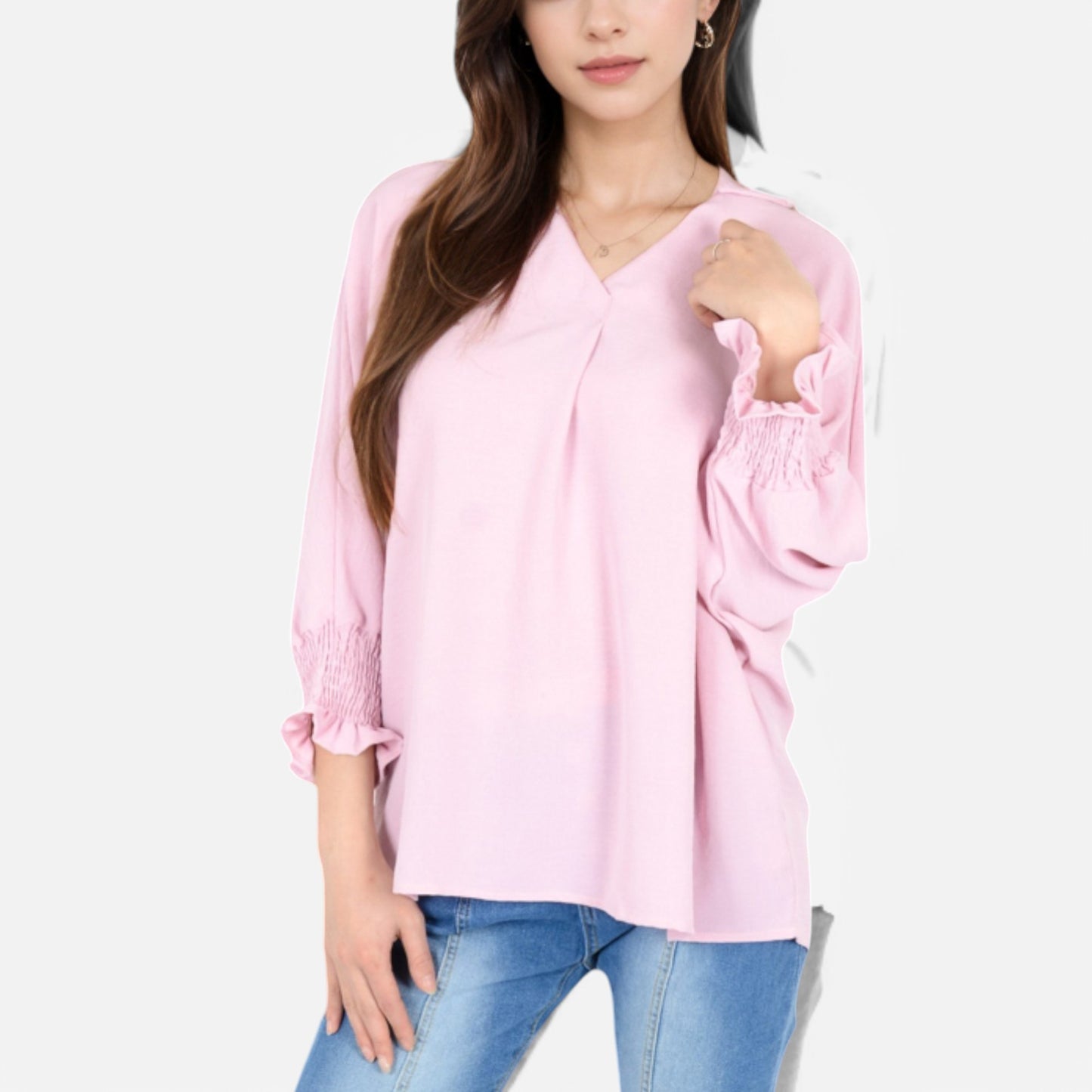 Anna-Kaci Women's V-Neck Blouse with 3/4 Lantern Sleeves and Ruffle Cuffs
