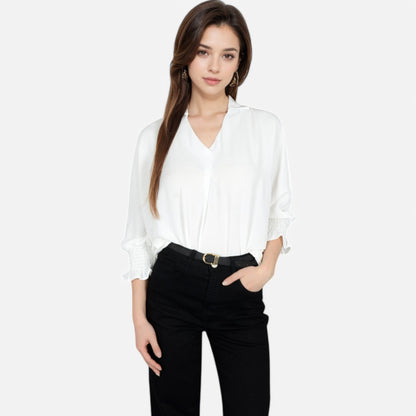 Anna-Kaci Women's V-Neck Blouse with 3/4 Lantern Sleeves and Ruffle Cuffs