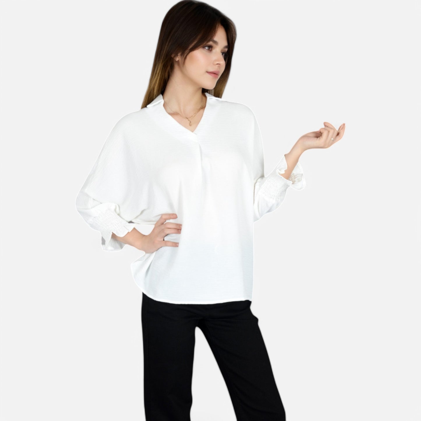 Anna-Kaci Women's V-Neck Blouse with 3/4 Lantern Sleeves and Ruffle Cuffs