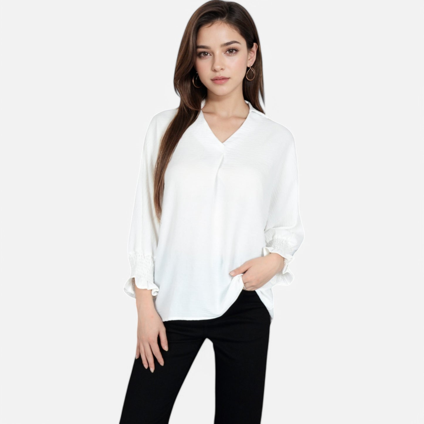 Anna-Kaci Women's V-Neck Blouse with 3/4 Lantern Sleeves and Ruffle Cuffs