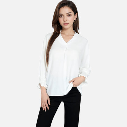 Anna-Kaci Women's V-Neck Blouse with 3/4 Lantern Sleeves and Ruffle Cuffs