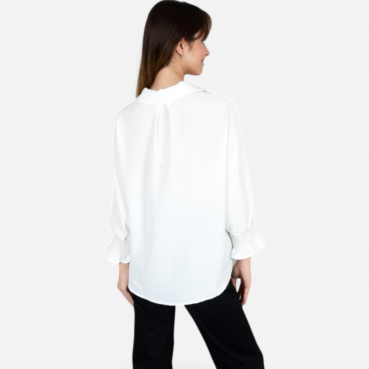 Anna-Kaci Women's V-Neck Blouse with 3/4 Lantern Sleeves and Ruffle Cuffs