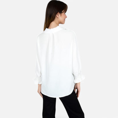 Anna-Kaci Women's V-Neck Blouse with 3/4 Lantern Sleeves and Ruffle Cuffs