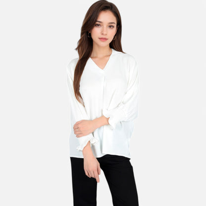 Anna-Kaci Women's V-Neck Blouse with 3/4 Lantern Sleeves and Ruffle Cuffs