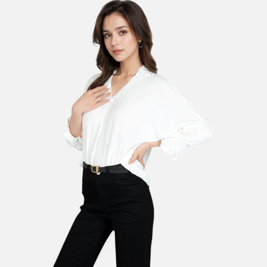 Anna-Kaci Women's V-Neck Blouse with 3/4 Lantern Sleeves and Ruffle Cuffs