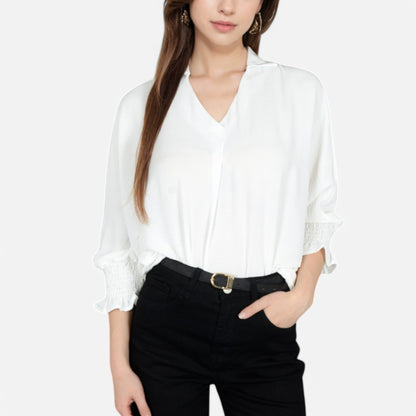 Anna-Kaci Women's V-Neck Blouse with 3/4 Lantern Sleeves and Ruffle Cuffs