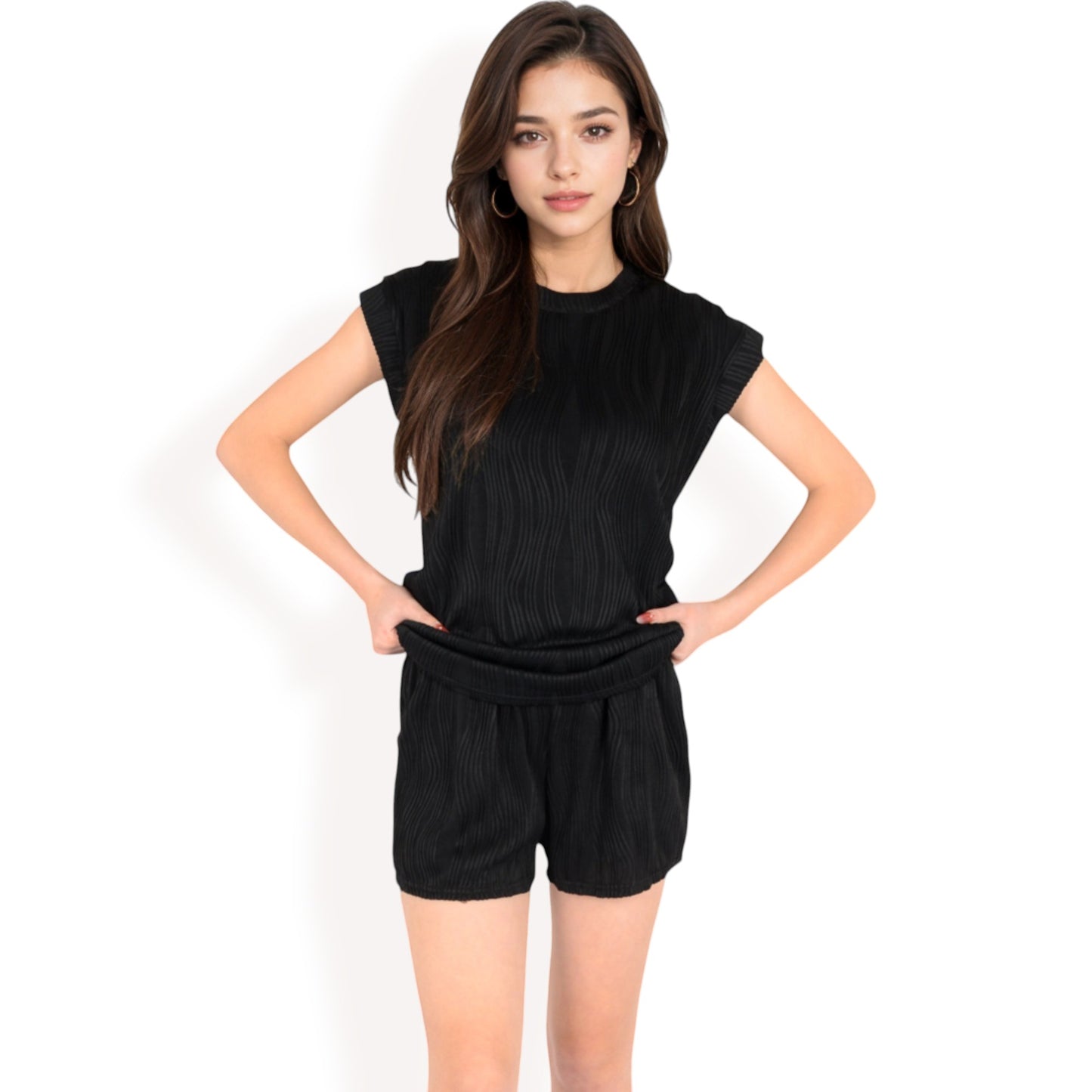 Anna-Kaci Women's Sleeveless Two-Piece Lounge Set with Rolled Hem Shorts