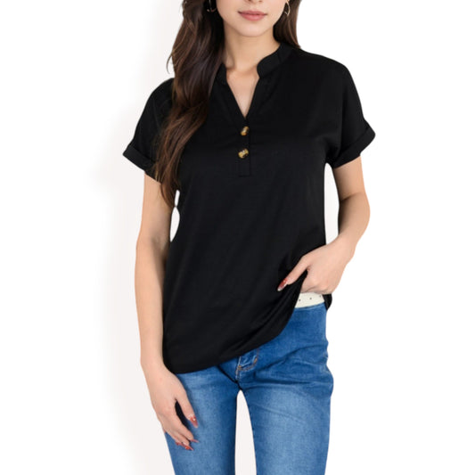 Anna-Kaci Women's Short Sleeve Button Front V-Neck Shirt