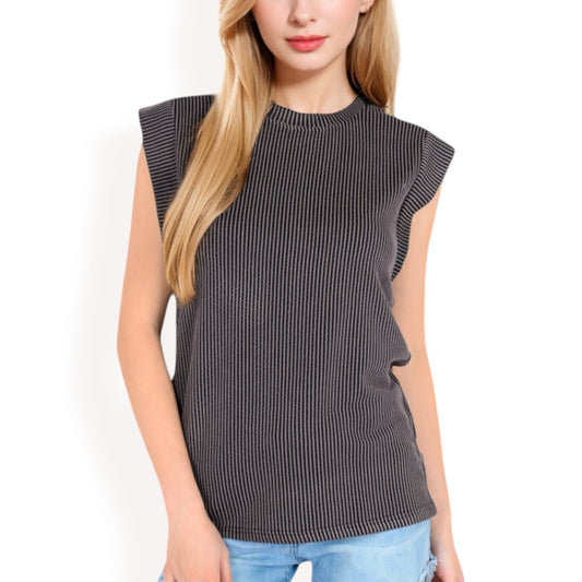 Anna-Kaci Women's Ribbed Knit Sleeveless Top with Shoulder Detail
