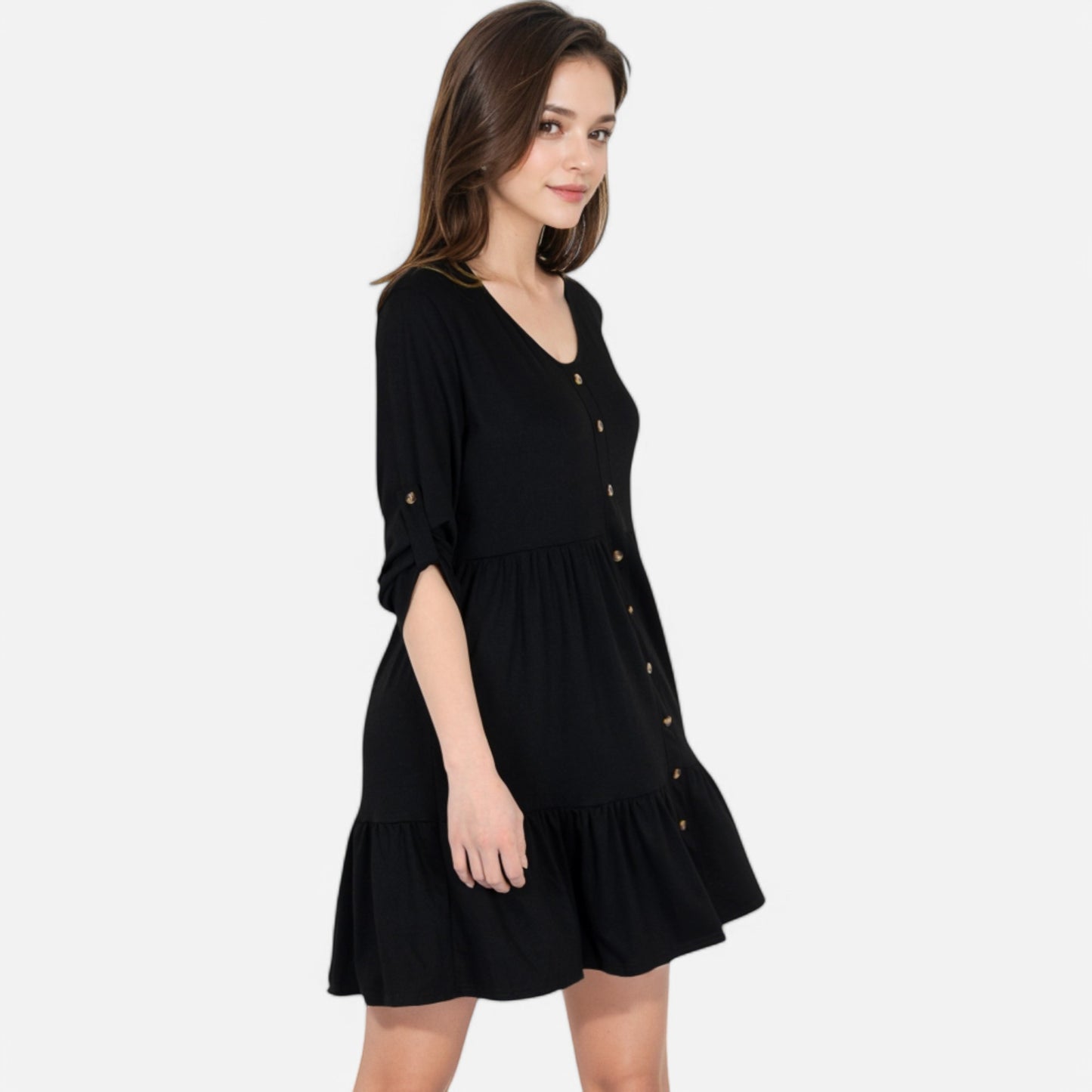 Anna-Kaci Women's V-Neck Button-Front Babydoll Dress with 3/4 Sleeves and Tiered Ruffle Hem