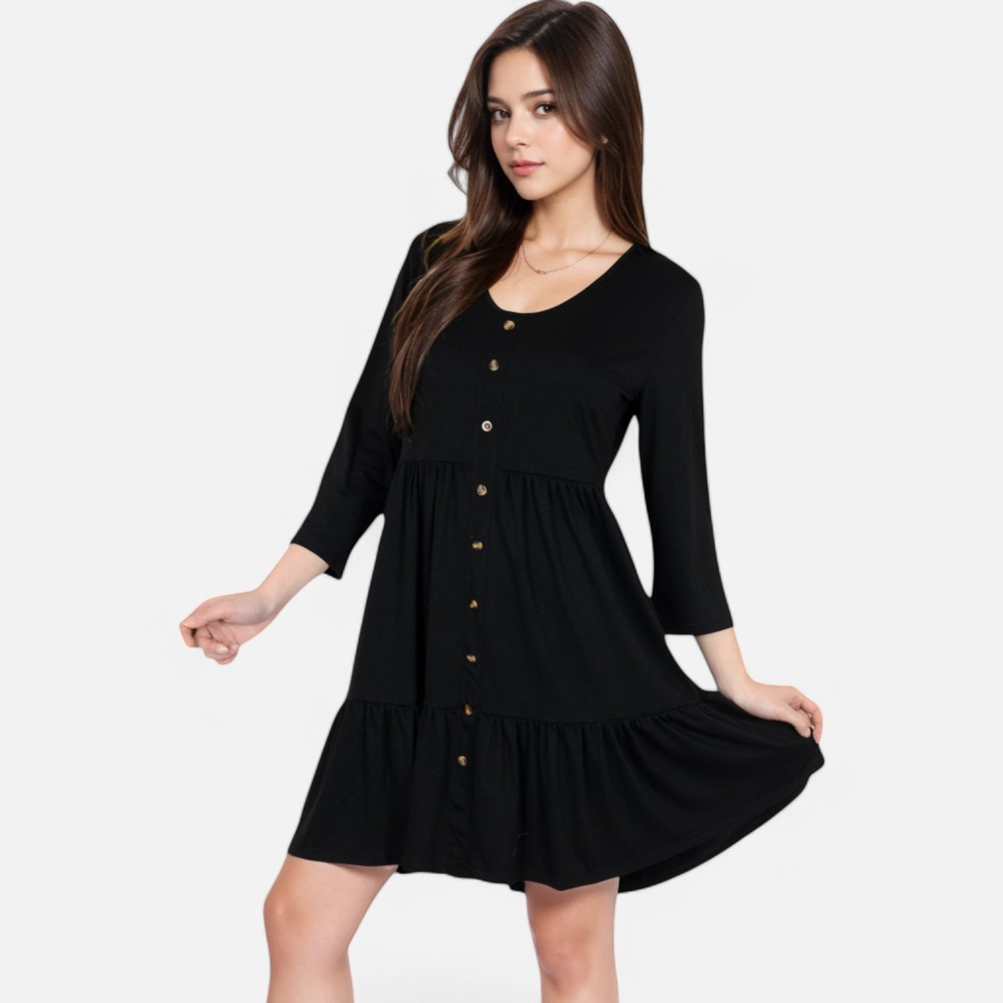 Anna-Kaci Women's V-Neck Button-Front Babydoll Dress with 3/4 Sleeves and Tiered Ruffle Hem
