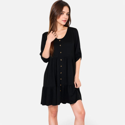 Anna-Kaci Women's V-Neck Button-Front Babydoll Dress with 3/4 Sleeves and Tiered Ruffle Hem