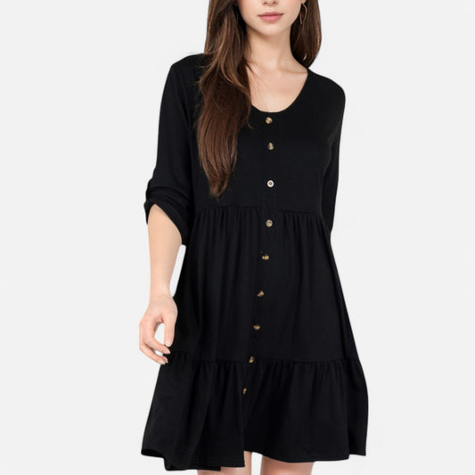 Anna-Kaci Women's V-Neck Button-Front Babydoll Dress with 3/4 Sleeves and Tiered Ruffle Hem