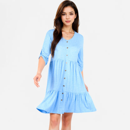 Anna-Kaci Women's V-Neck Button-Front Babydoll Dress with 3/4 Sleeves and Tiered Ruffle Hem