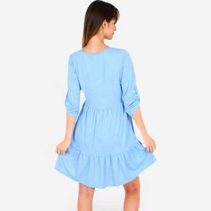 Anna-Kaci Women's V-Neck Button-Front Babydoll Dress with 3/4 Sleeves and Tiered Ruffle Hem