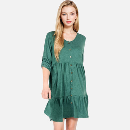 Anna-Kaci Women's V-Neck Button-Front Babydoll Dress with 3/4 Sleeves and Tiered Ruffle Hem