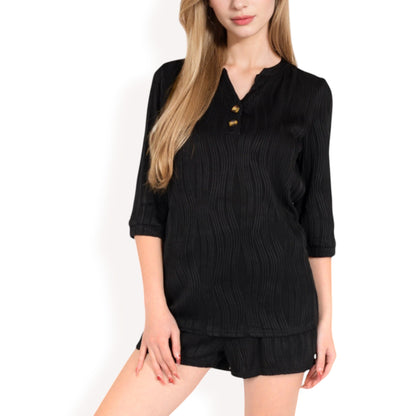 Anna-Kaci Women's Textured Two-Piece Set with Button-Up Blouse and Drawstring Shorts