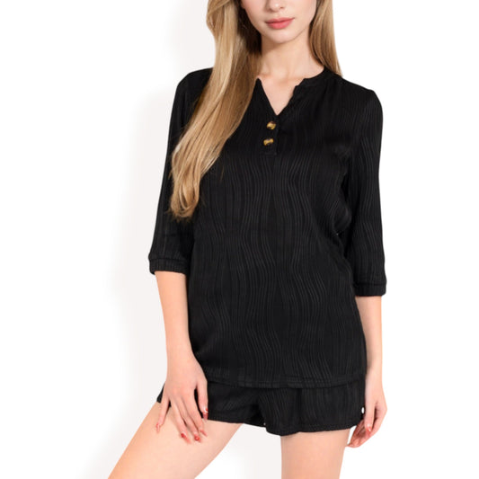 Anna-Kaci Women's Textured Two-Piece Set with Button-Up Blouse and Drawstring Shorts