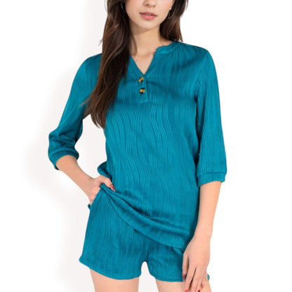 Anna-Kaci Women's Textured Two-Piece Set with Button-Up Blouse and Drawstring Shorts