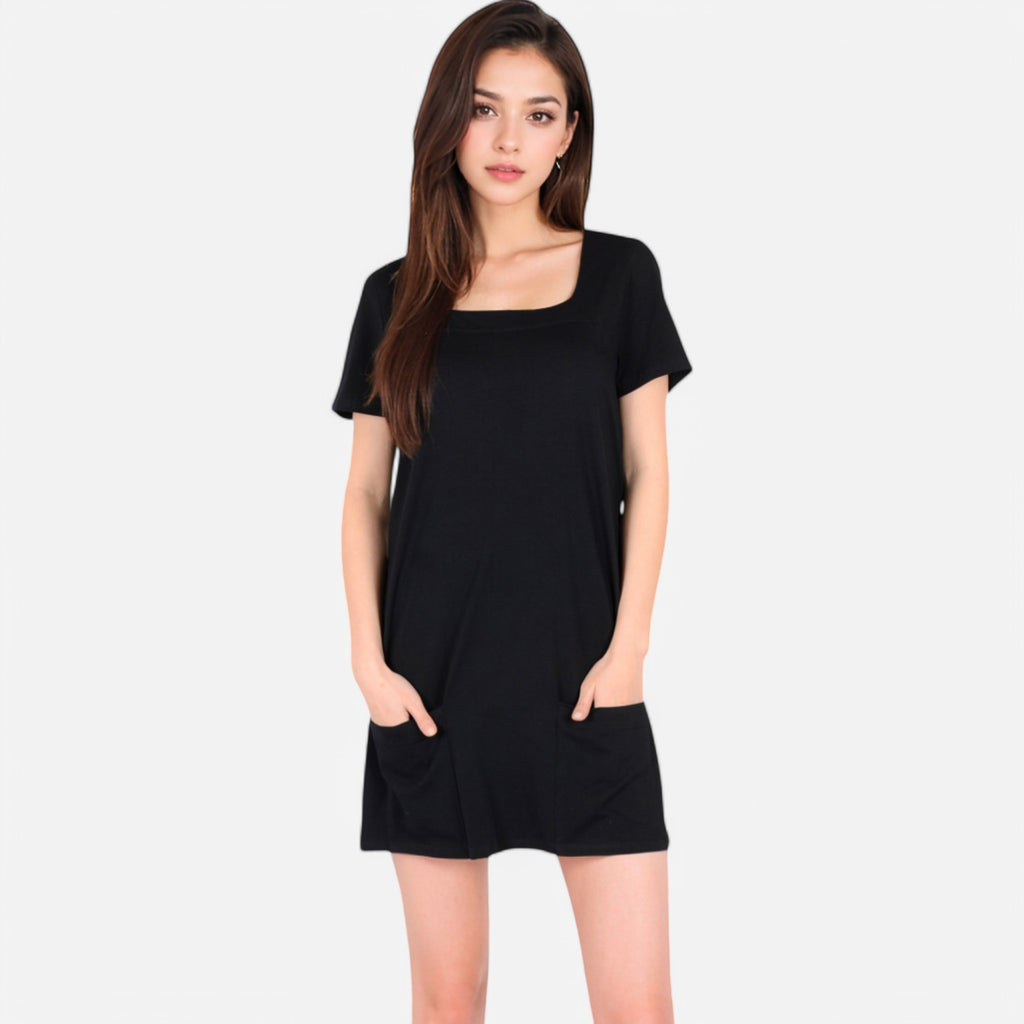 Anna-Kaci Women's Square Neck Short Sleeve Shift Dress with Front Pockets