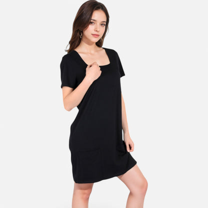 Anna-Kaci Women's Square Neck Short Sleeve Shift Dress with Front Pockets