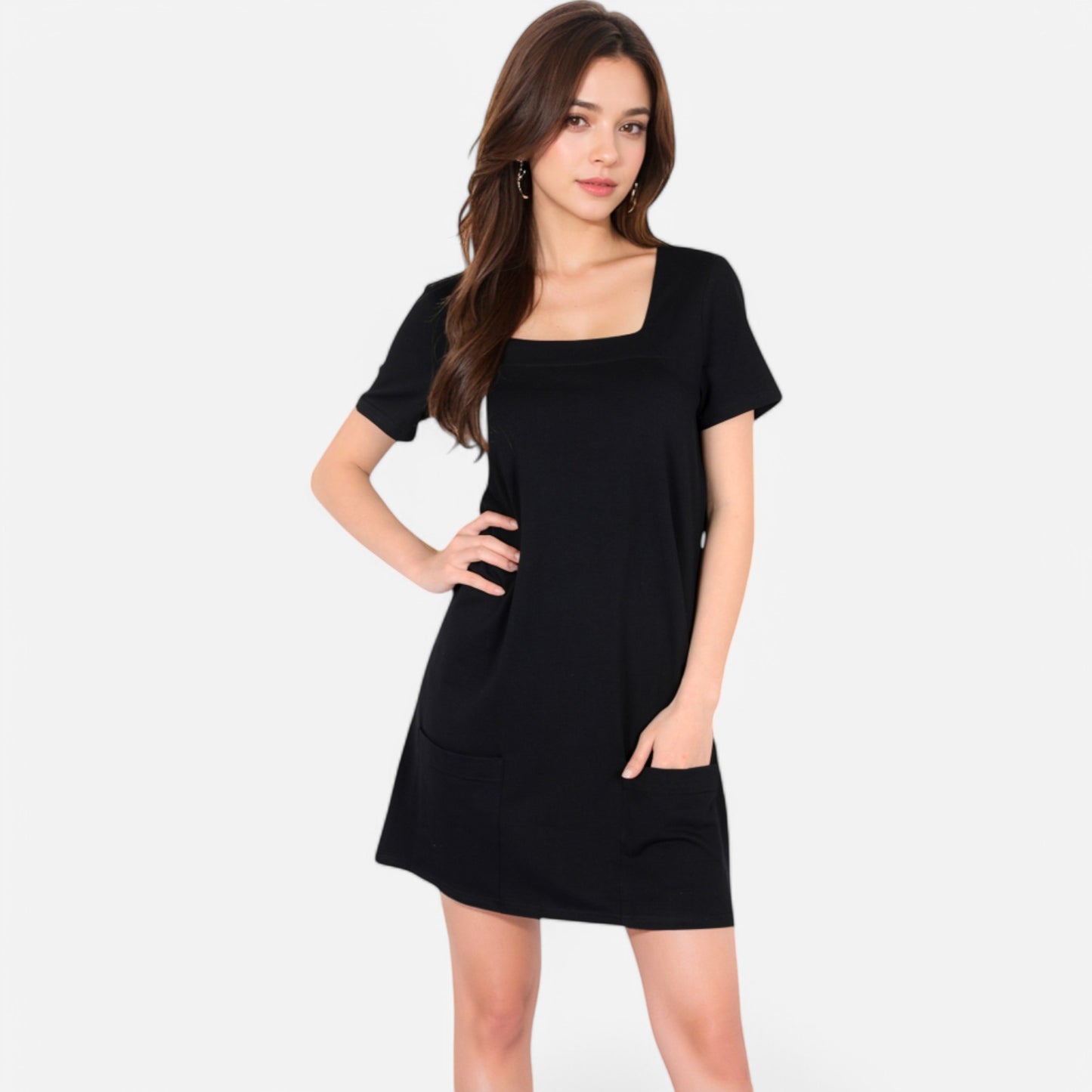 Anna-Kaci Women's Square Neck Short Sleeve Shift Dress with Front Pockets
