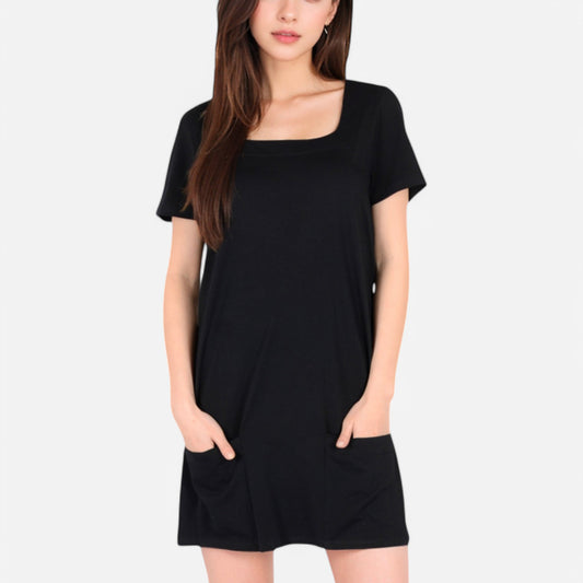 Anna-Kaci Women's Square Neck Short Sleeve Shift Dress with Front Pockets