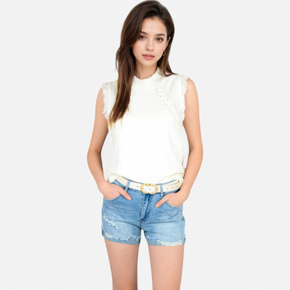 Anna-Kaci Women's Sleeveless Knit Sweater Top with Fringe Shoulder Detail